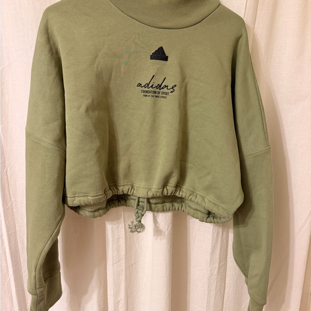 adidas Olive Green Cropped Drawcord Sweatshirt with Logo